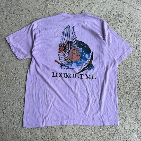 Vintage 80s Lookout Mountain Georgia Paper Thin Pinup Girl Purple Tee. Sz L - Picture 1 of 4